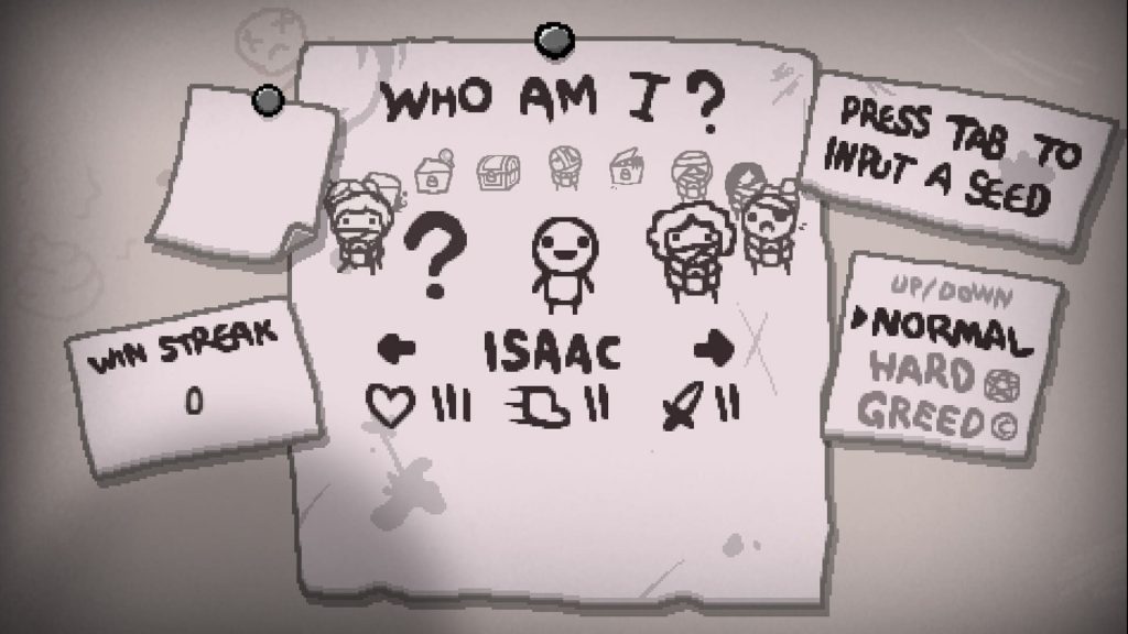 Écran d'accueil de The Binding of Isaac : Rebirth