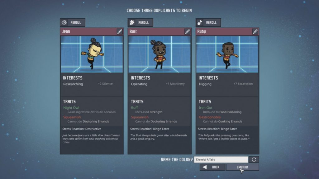 Oxygen Not Included : Le choix des personnages de départ