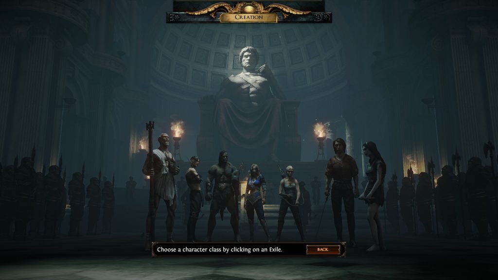 Écran de sélection des personnages de Path of Exile.